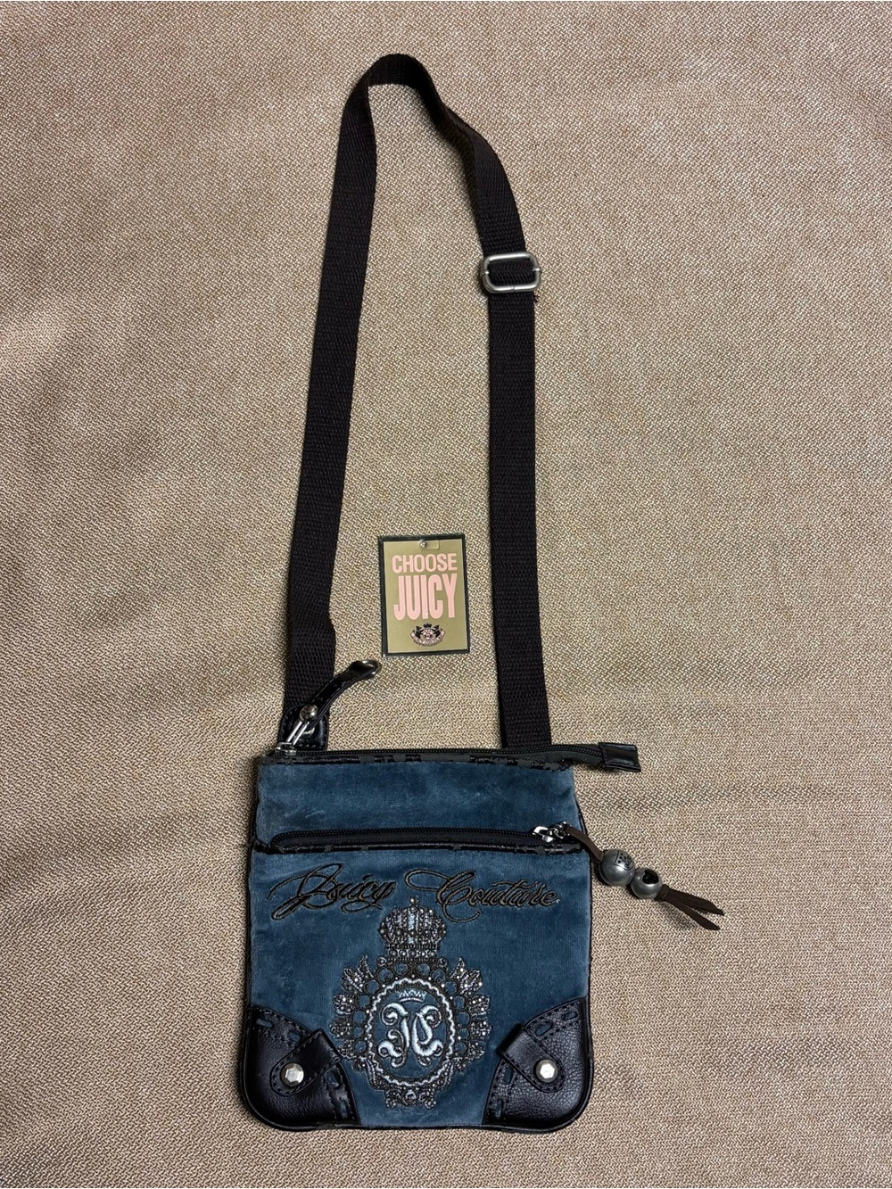 Vintage Y2K Juicy Couture Crossbody Bag Mini Purse Black Velour Zipper 2002